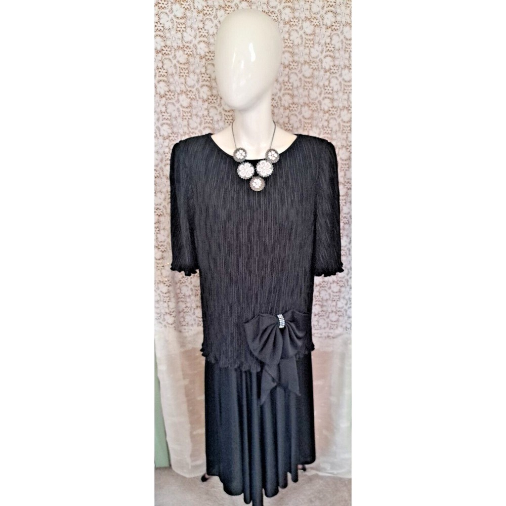 After‎ Dark Black Drop Waist Dress Size 12 Elbow Length Sleeves Shoulder Pads